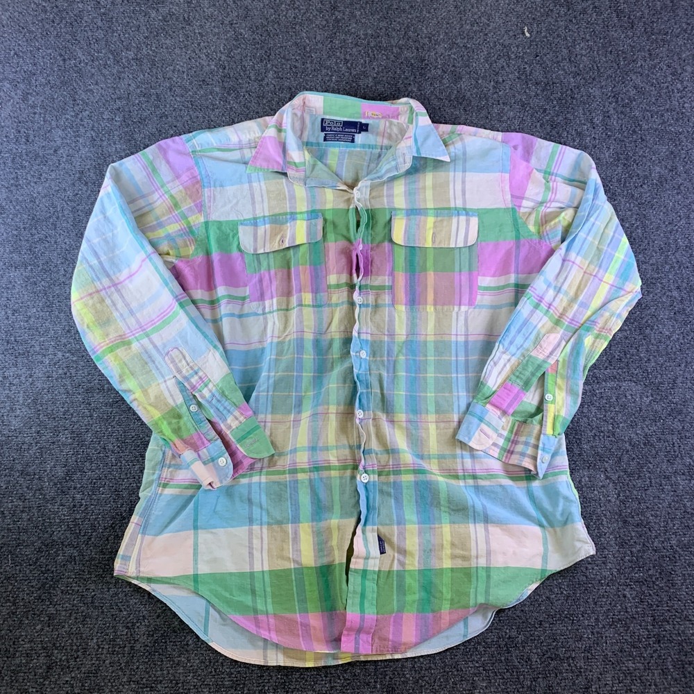 Vintage Polo Ralph Lauren Shirt L Hand Woven Madras Plaid 2 Pocket 90s
